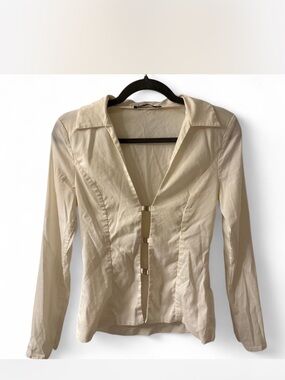 Women's Cream Hook-Front Collared Long Sleeve Top